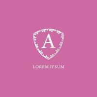 A Letter Intial logo design template. Luxury silver decorative floral shield illustration isolated pink color background. Suitable for Insurance, fashion and beauty product vector