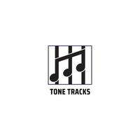 Tone Tracks logo design template isolated on white color background. Musical note with vertical stipes in a square frame vector illustration.