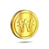 Ilustración de vector 3d de moneda de oro con signo ganado aislado sobre fondo de color blanco... la moneda oficial de Corea del Sur y Corea del Norte extraoficialmente