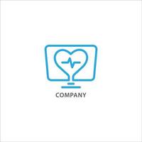 Health monitoring services logo design template isolated on white background . Display Monitor and Heart shape with pulse vector illustration in outline style.. Bright blue color theme.