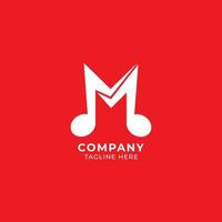 Letter M Alphabet Music Logo Design isolated on Red Background. Initial, Musical Note, Quaver, Eighth Notes logo concept. Monogram Lettermark Logotype vector