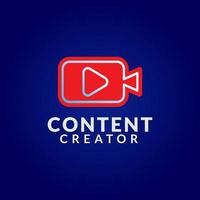 Content Creator Logo Design Template on Dark Blue Background. Pictorial Logo Concept with Red Camcorder and Play Button Icon. vector