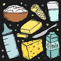 milk production. vector doodle illustration with milk products icon. milk food