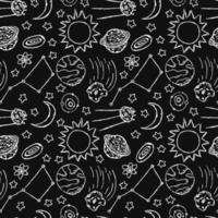 Seamless space pattern. Cosmos background. Doodle vector space illustration with planets, comet, stars, moon, sun and black hole