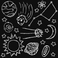 Space icons. Cosmos background. Doodle vector space illustration with planets, comet, stars, moon, sun and black hole