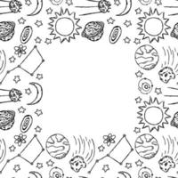 Seamless space pattern with place for text. Cosmos background. Doodle vector space illustration with planets, comet, stars, moon, sun and black hole