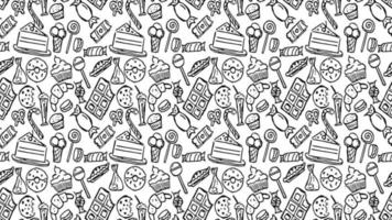 Horizontal seamless pattern with sweets. Doodle vector with sweets icons on white background. Vintage sweets illustration