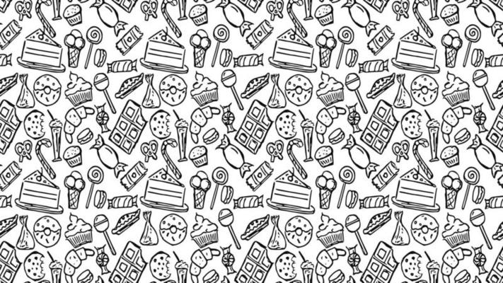 Horizontal seamless pattern with sweets. Doodle vector with sweets icons on white background. Vintage sweets illustration