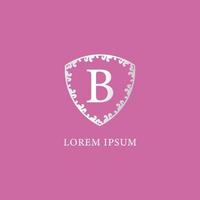 B Letter Intial logo design template isolated on pink background. Luxury silver decorative floral shield illustration. Suitable for Insurance, fashion and beauty product vector