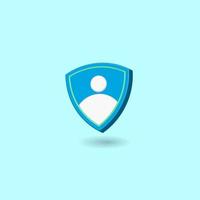 Blue shield with user icon isolated on pastel color background. Minimal design for internet data security. Creative 3D vector illustration