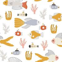 Marine seamless pattern with swimming fish and submarines in corals on a white background. Vector illustrations of the underwater world on a repeating print.