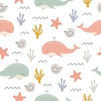 Pink and mint whales on a white background with corals and seashells. Vector seamless pattern with underwater ocean life.