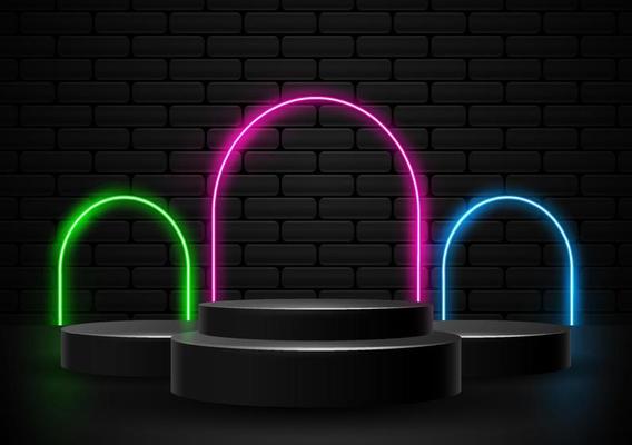 Podium with neon light shapes illustration vector