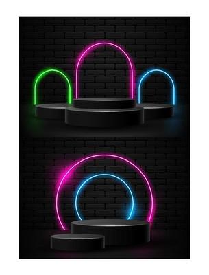 Podium with neon light shapes illustration vector