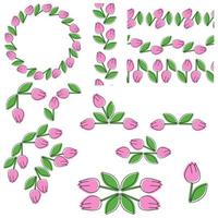 Set of dividers, borders and frames of pink doodle tulips for design vector