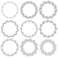 Set of round frames from doodle leaves, delicate outline wreaths for design vector