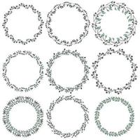 Set of round ornate frames from twigs with leaves and flowers, doodle plants in the form of delicate wreaths for design vector