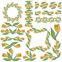 Set of dividers, borders and frames of yellow doodle tulips for design vector