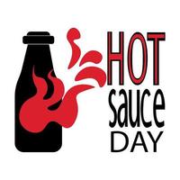 Hot Sauce Day, silhouette of a bottle with sauce and a red symbol of fire, themed inscription vector