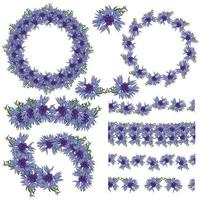 A set of frames, wreaths, dividers and borders of blue cornflowers for decoration and creativity vector