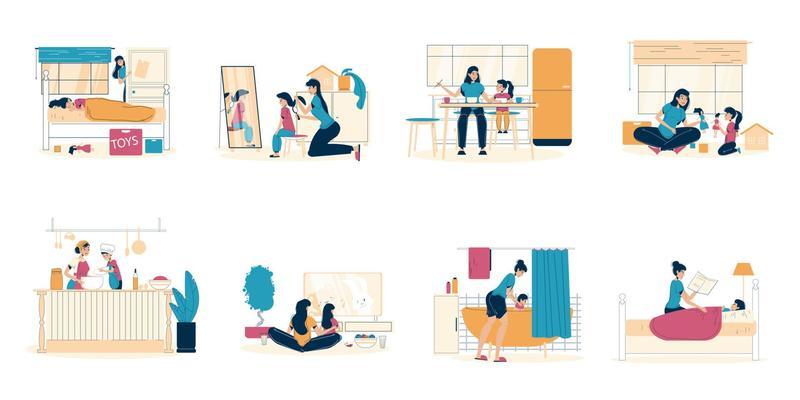 Happy mother daughter pastime at home scene set