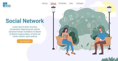 Social network in human life landing page design vector
