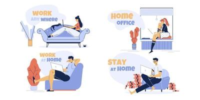 Remote work, distant study at home anytime set vector