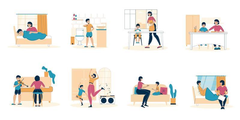 Parent kid daily life in quarantine condition set