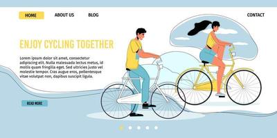 pareja disfruta de andar en bicicleta juntos página de inicio al aire libre vector