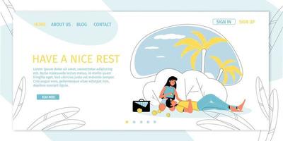 Lovers on romantic picnic in forest landing page vector