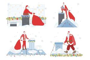 Santa Claus on roof christmas holiday scene set vector