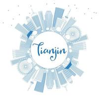 Outline Tianjin Skyline with Blue Buildings and Copy Space. vector