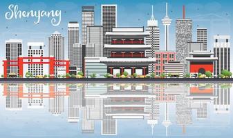 Shenyang Skyline with Gray Buildings, Blue Sky and Reflections. vector