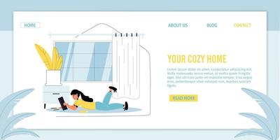 Happy girl spending time at cozy home landing page