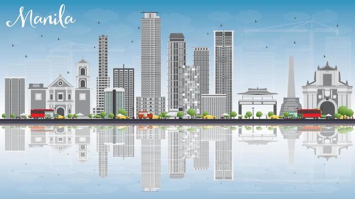 Manila Skyline with Gray Buildings, Blue Sky and Reflections.