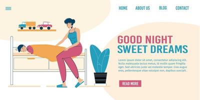 Loving mother adorable son in bed landing page vector