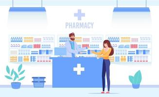 Pharmacist doctor with client at drugstore counter vector