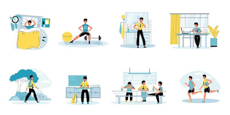 Young schoolboy daily schedule activity scene set