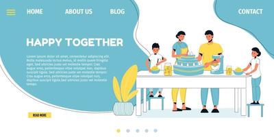 Happy family cake baking landing page template vector