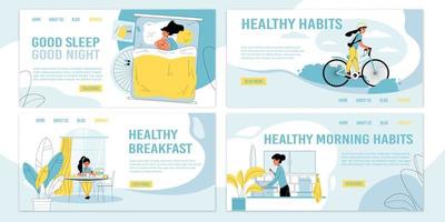 Everyday healthy morning habits landing page set vector