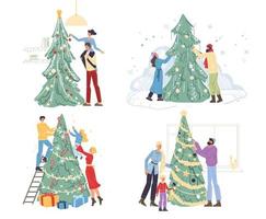 Happy family decorating christmas tree at home set vector