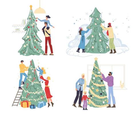 Happy family decorating christmas tree at home set