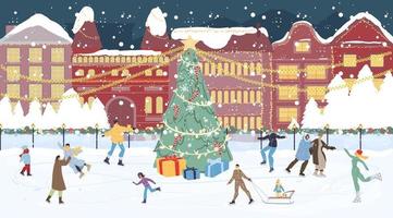 Happy people crowd on ice rink on Chrismtas square vector