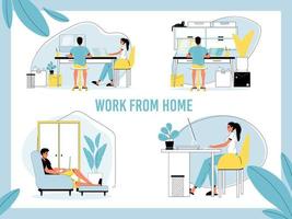 Man, woman freelancer work remotely from home set vector