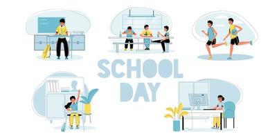 Children primary elementary school day scene set vector