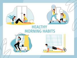 Healthy people morning habits workout activity set vector