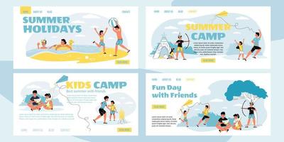 Summer holiday pastime in camp landing page set vector