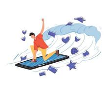 Flat cartoon character surfing internet, vector illustration concept