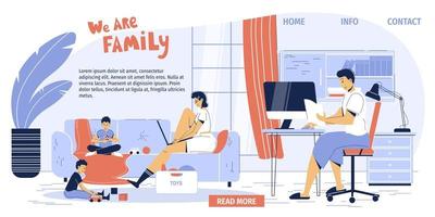 Happy family at home office workplace landing page vector