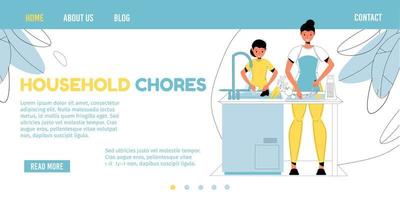 Daughter help mom in household chores landing page vector